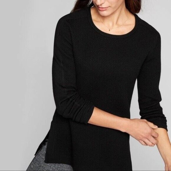 ATHLETA Womens XXS Thermal Honeycomb Pullover Sweater Merino Wool Blend In Black - Picture 1 of 8